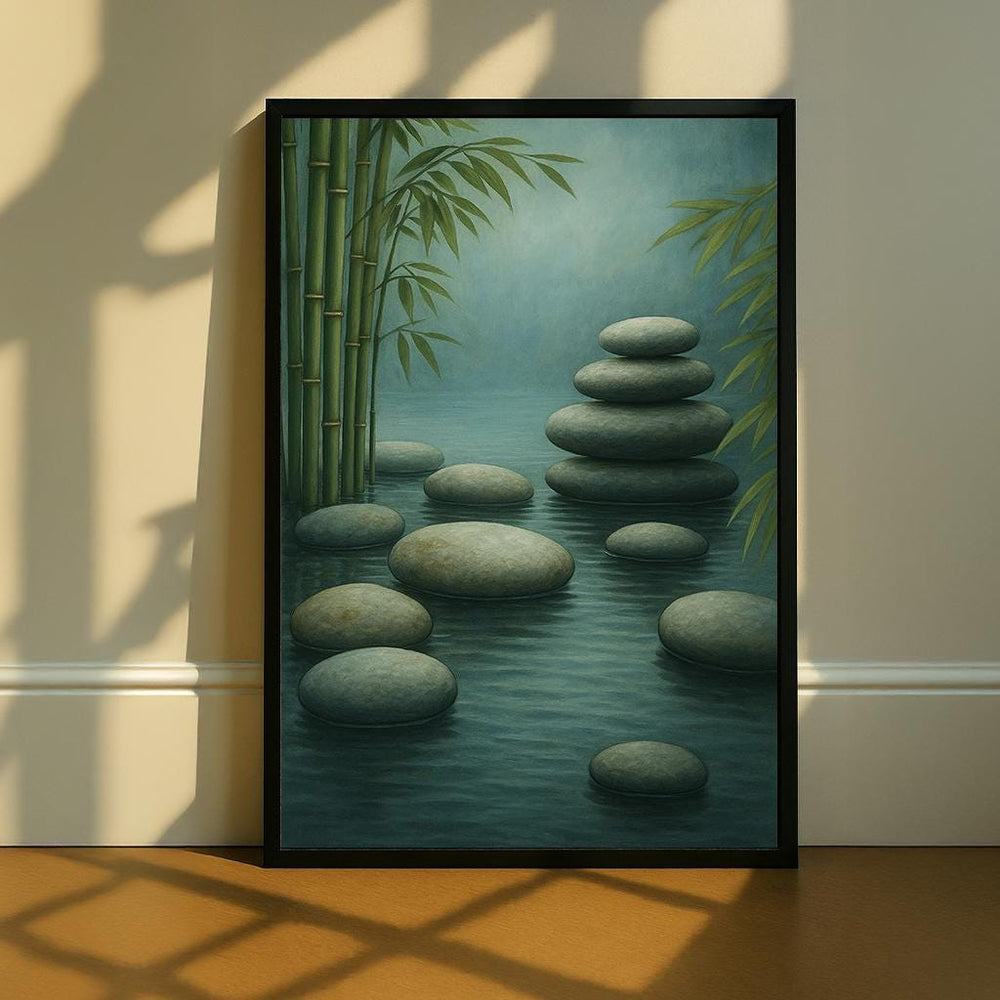 Zen Stone Canvas Art, Bamboo Print, Meditation Room Decor, Ready to Hang