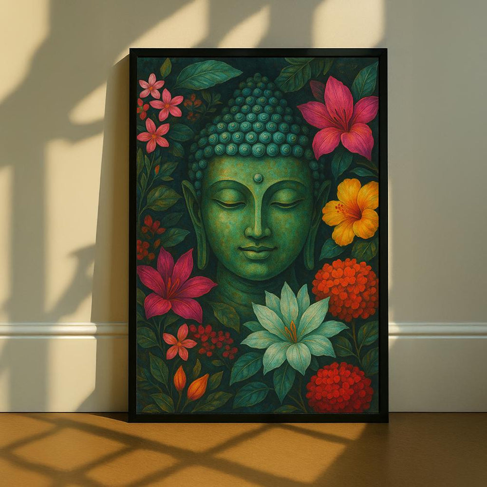Floral Buddha Canvas Print, Green Zen Wall Art, Meditation Decor
