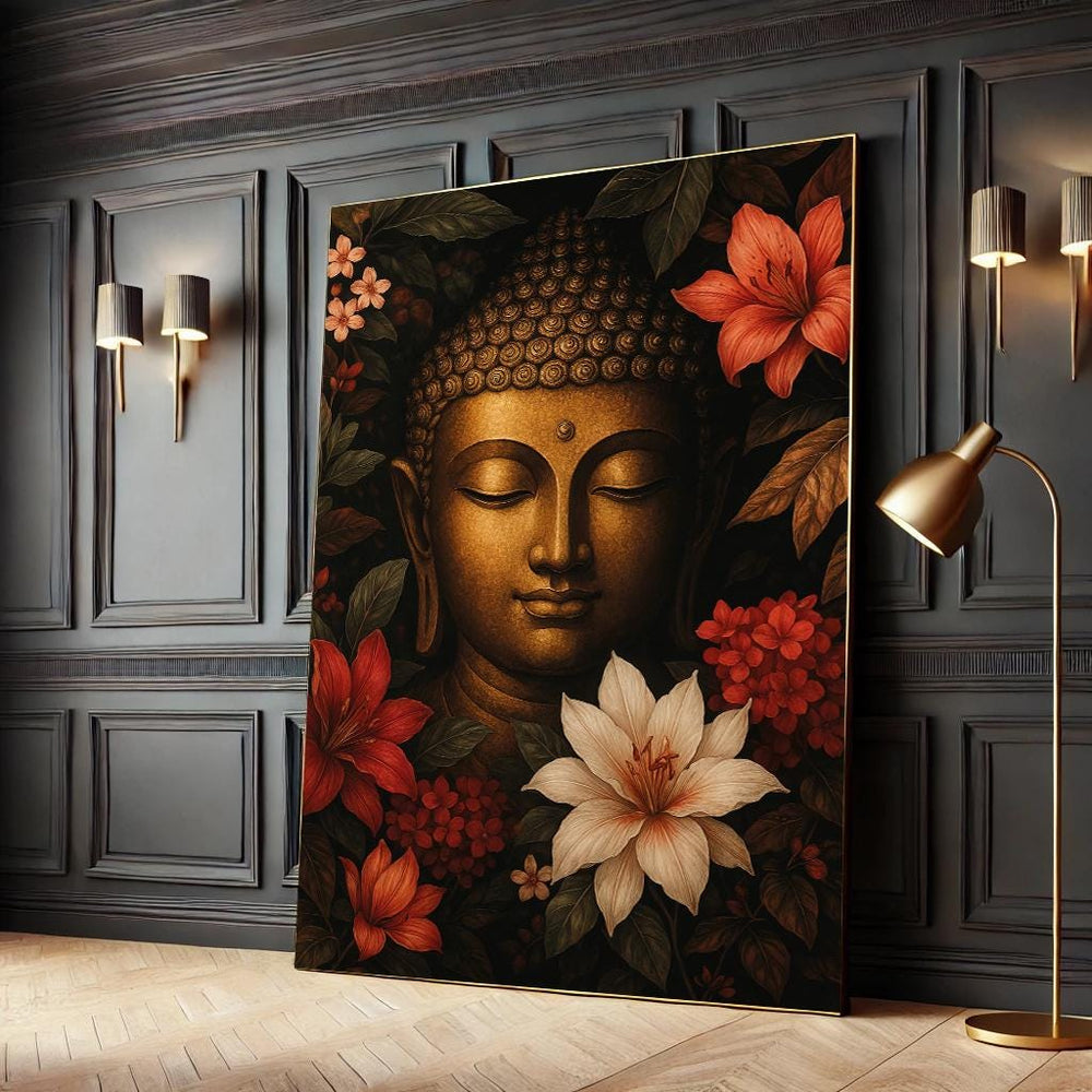 Golden Buddha Canvas Print, Floral Zen Meditation Wall Art