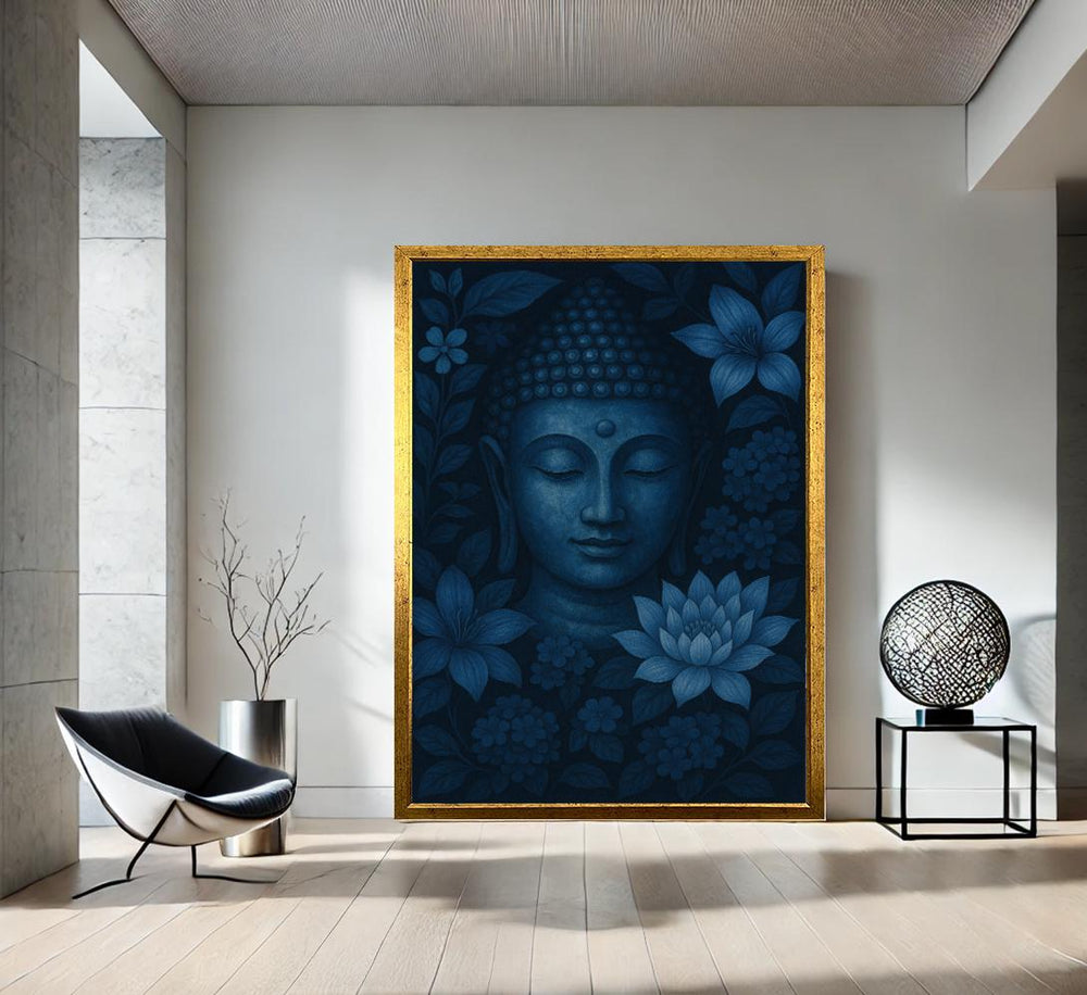 Blue Buddha Lotus Canvas Art, Zen Meditation Wall Decor