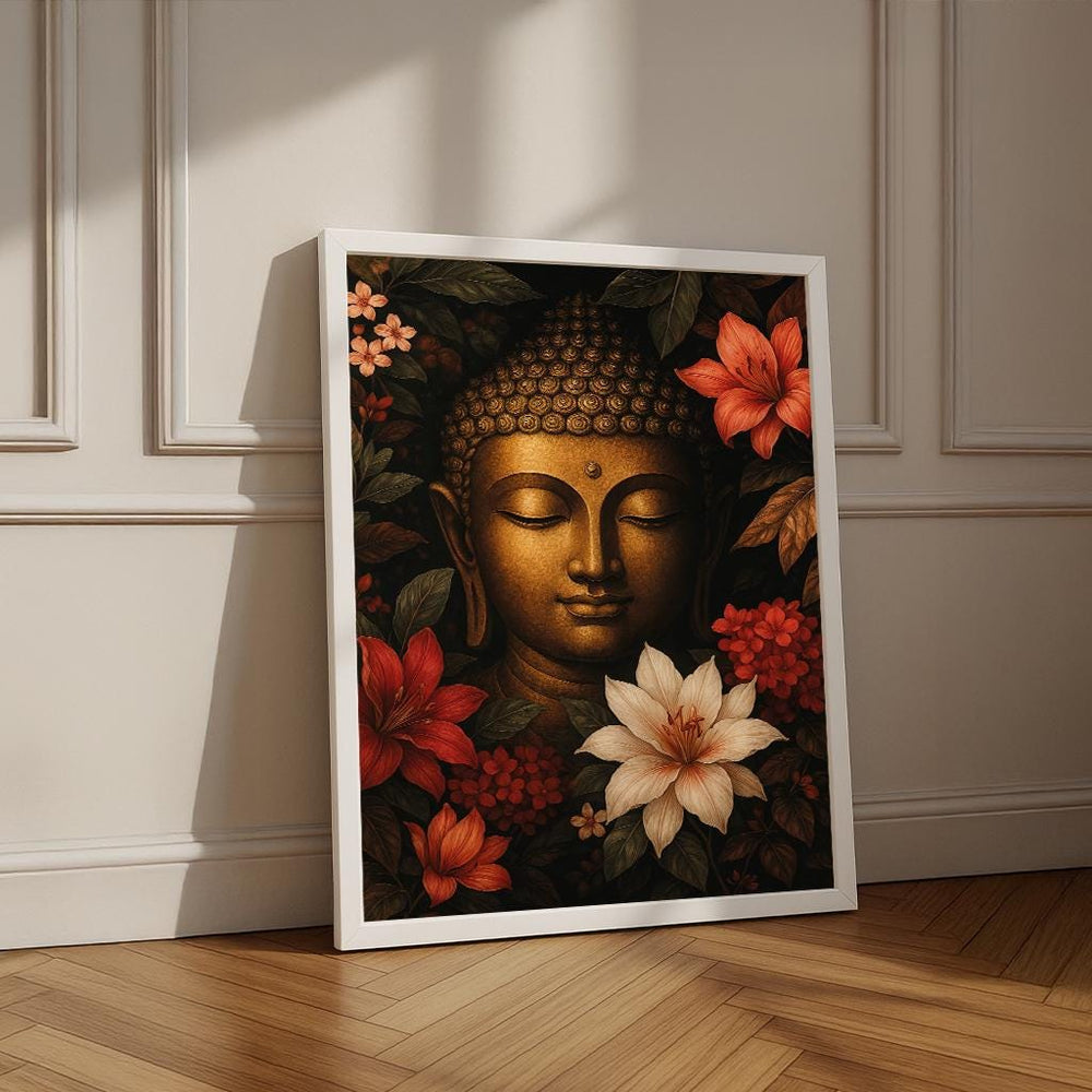 Golden Buddha Canvas Print, Floral Zen Meditation Wall Art