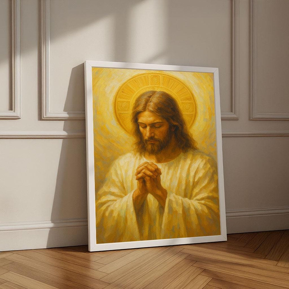 Radiant Jesus Praying Canvas Wall Art Print | Warm Living Room Decor | Statement Piece