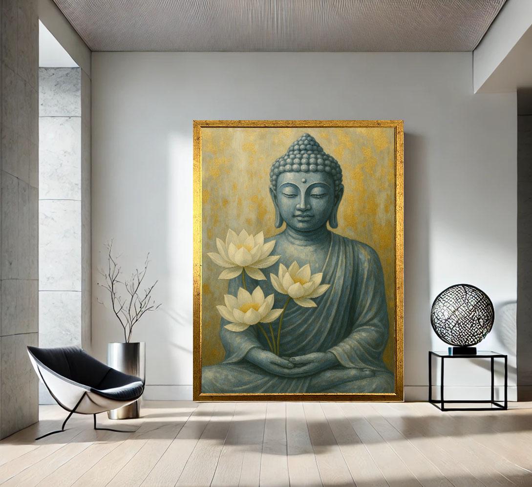 Image 2 of Serene Buddha with Lotus Canvas Wall Art Print | Zen Spiritual Living Room Decor | Meditation Statement Piece