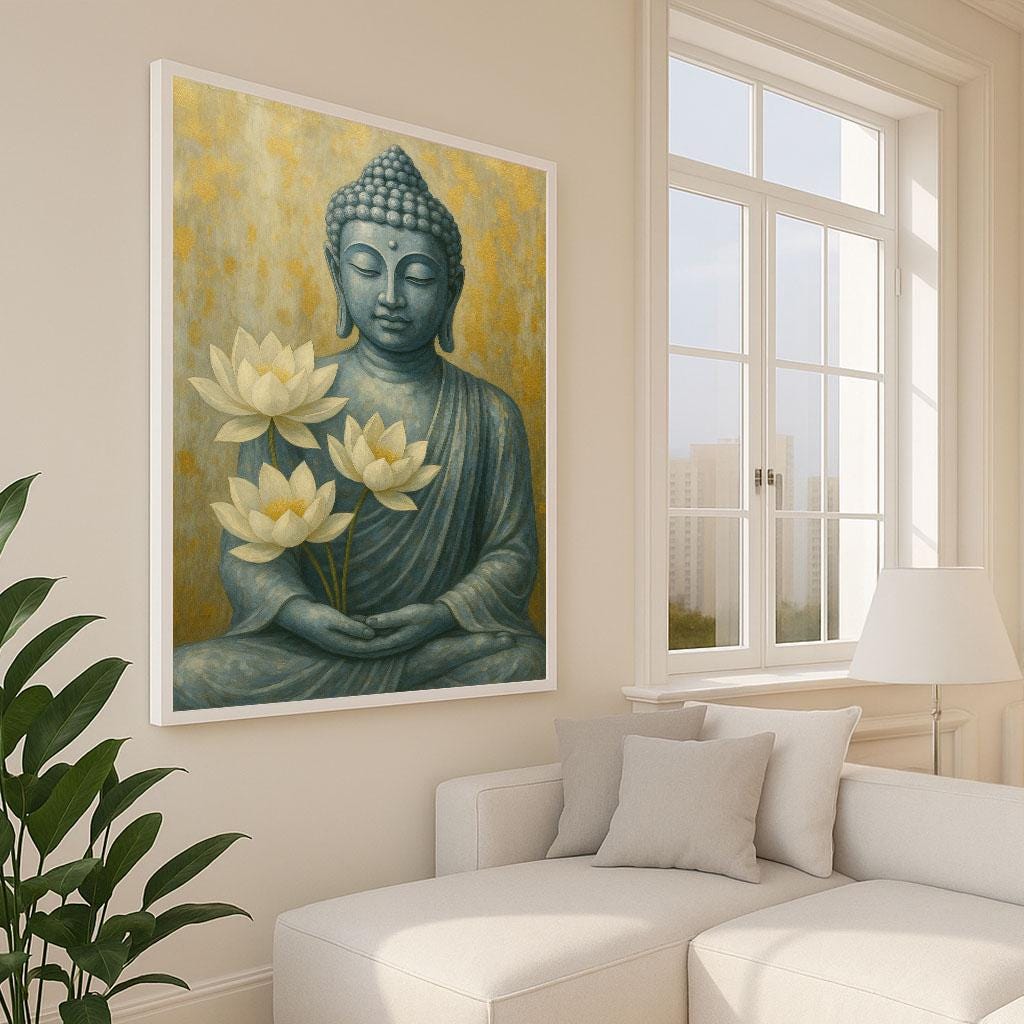 Image 5 of Serene Buddha with Lotus Canvas Wall Art Print | Zen Spiritual Living Room Decor | Meditation Statement Piece