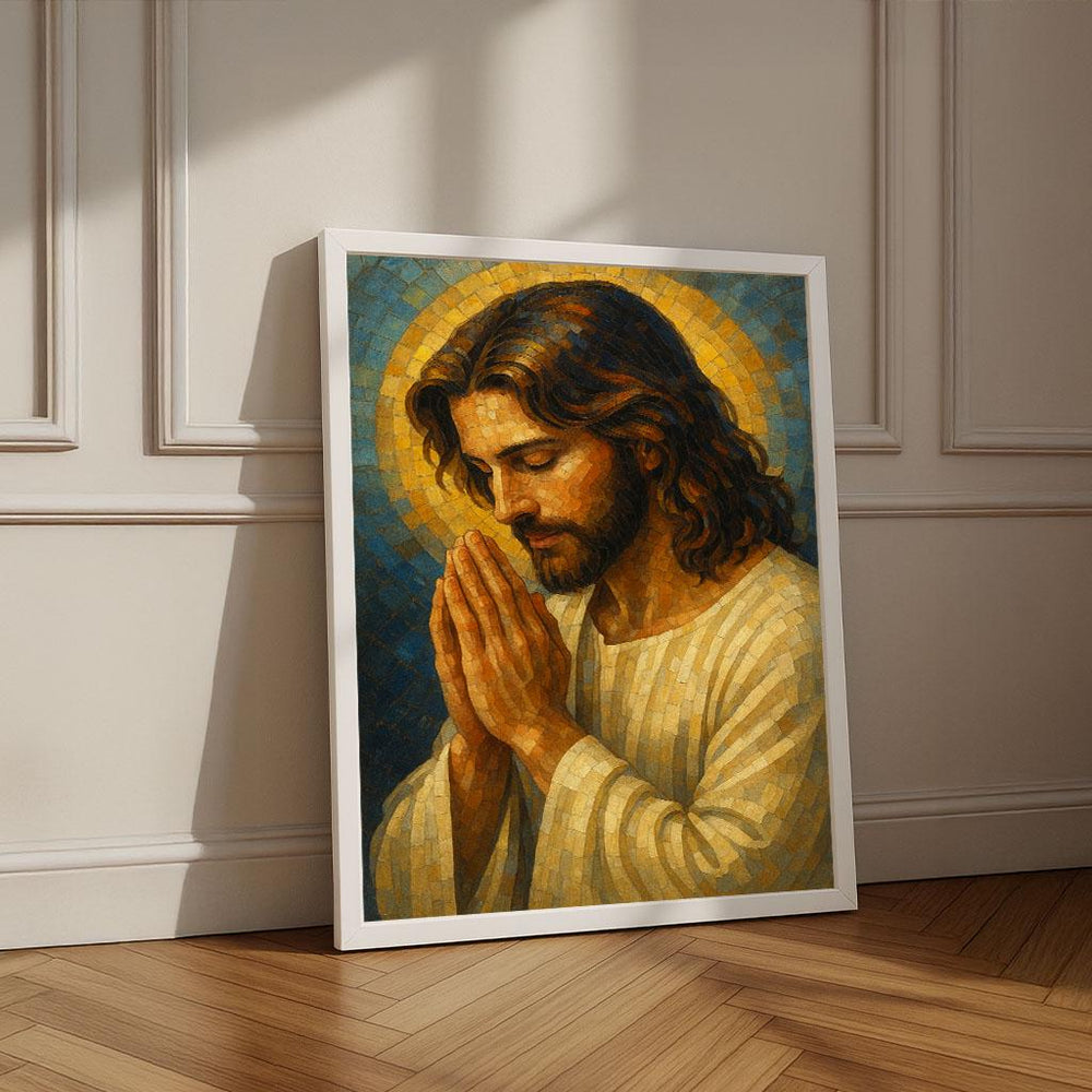 Radiant Jesus Praying Canvas Wall Art Print | Spiritual Living Room Decor | Statement Piece