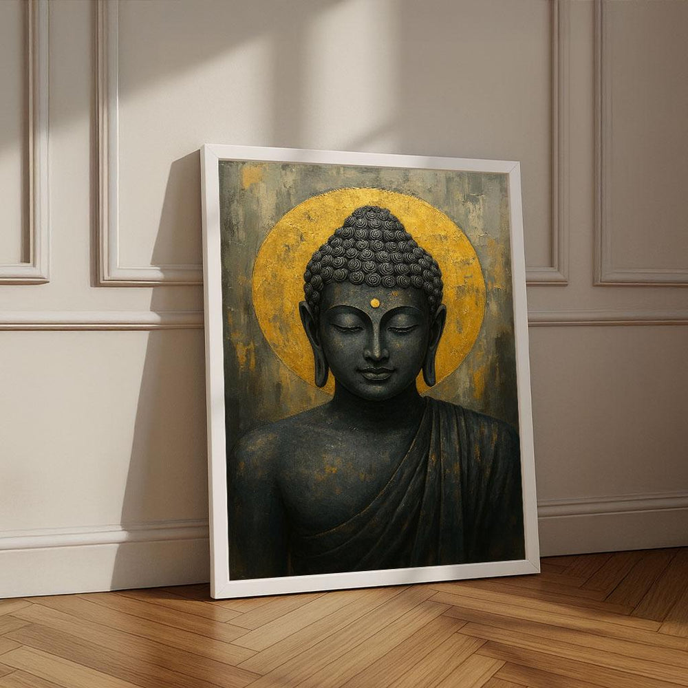 Serene Buddha Portrait Canvas Art | Gold & Gray Zen Decor