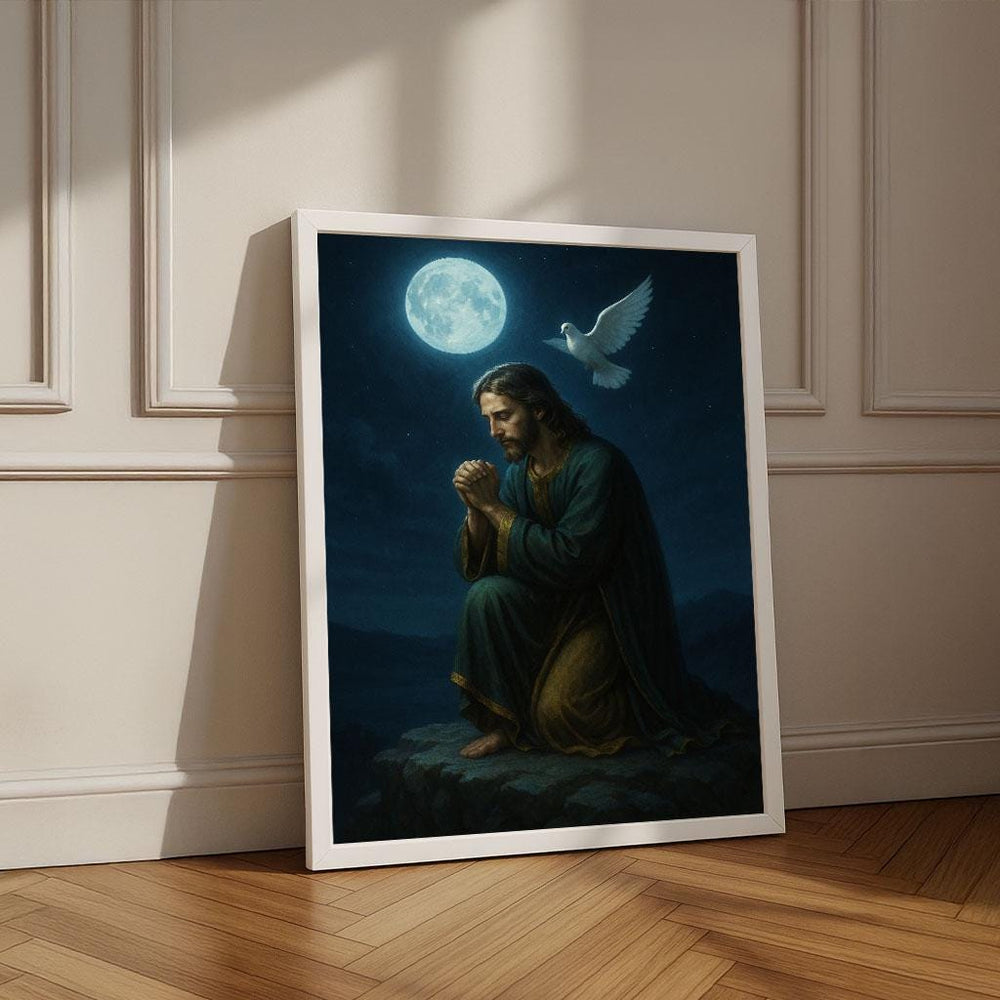 Jesus Praying Under Moonlight Canvas Print | Spiritual Wall Art