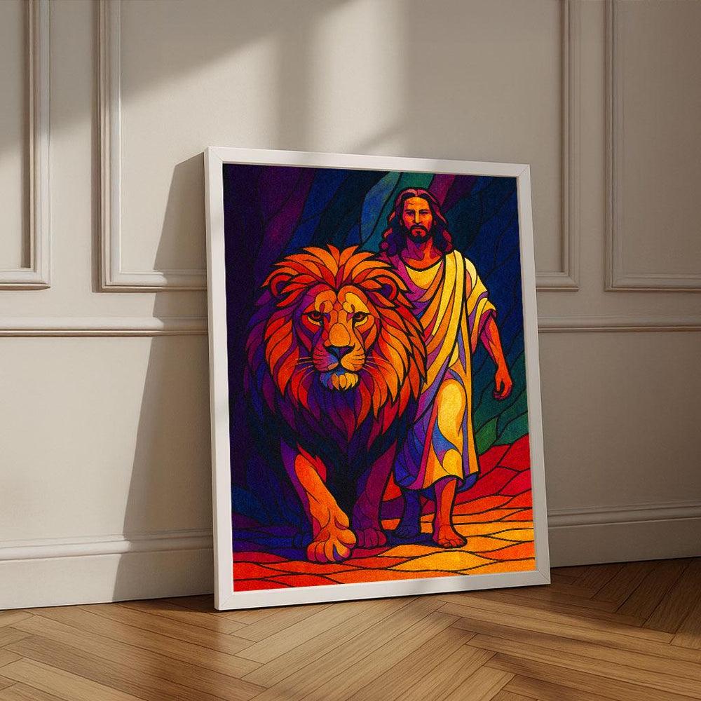 Radiant Jesus with Lion Canvas Wall Art Print | Vibrant Living Room Decor | Statement Piece