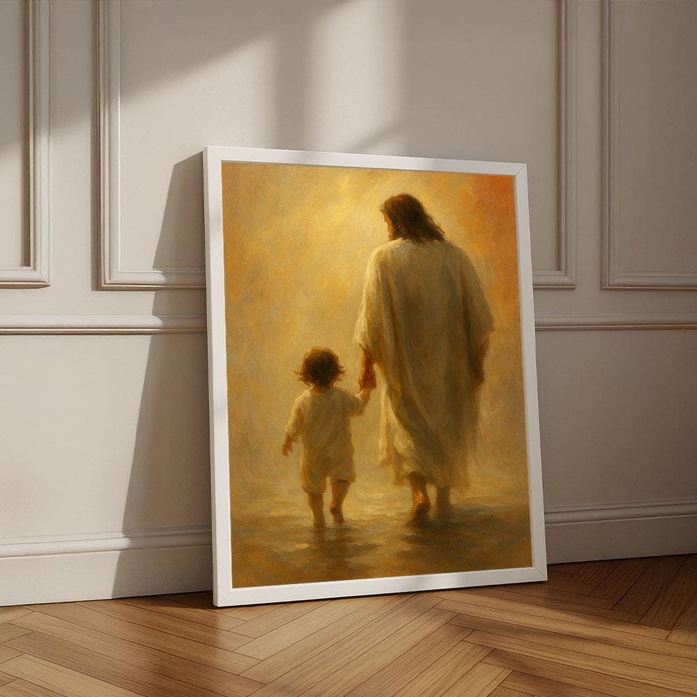 Radiant Jesus Walking with Child Canvas Print | Religious Wall Art
