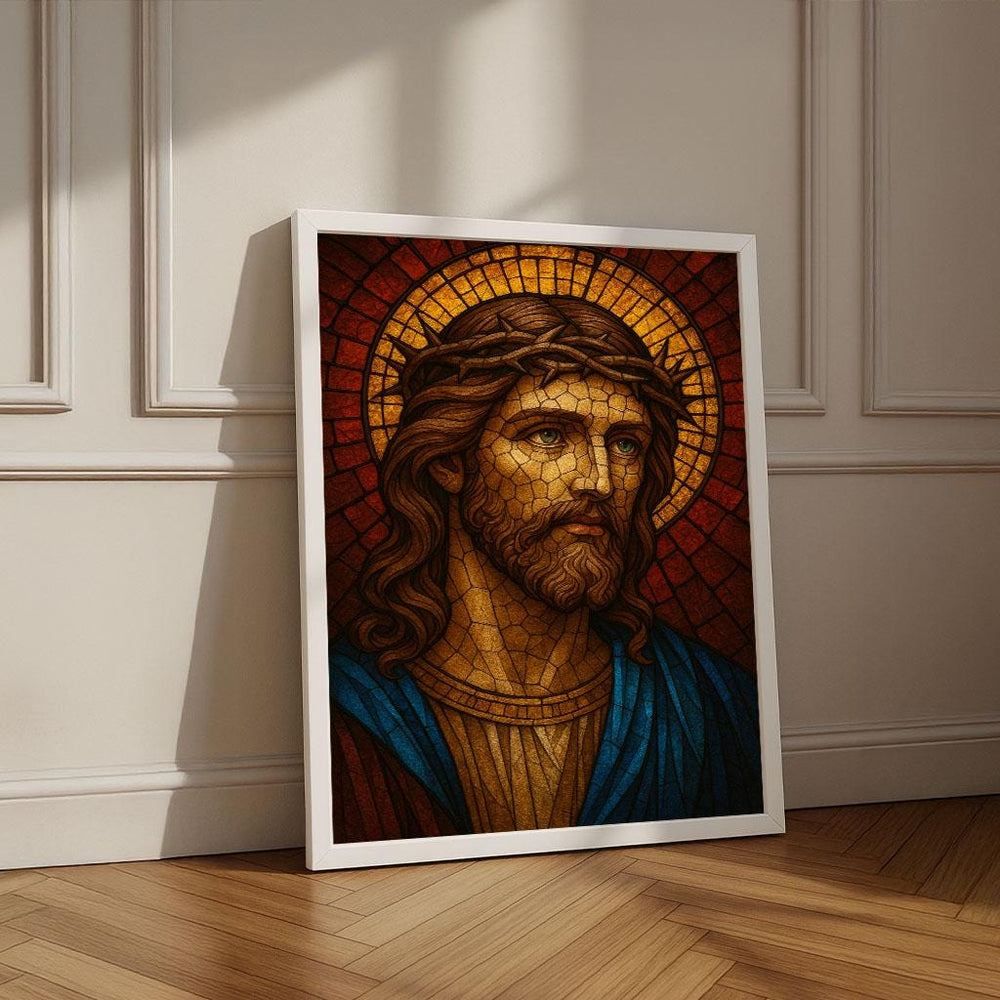 Radiant Jesus Mosaic Canvas Wall Art Print | Warm Living Room Decor | Statement Piece