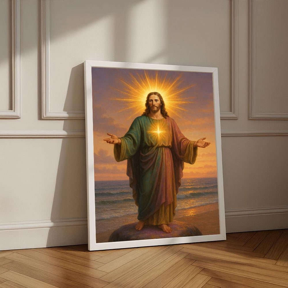 Radiant Jesus on Beach Canvas Wall Art Print | Spiritual Living Room Decor | Statement Piece