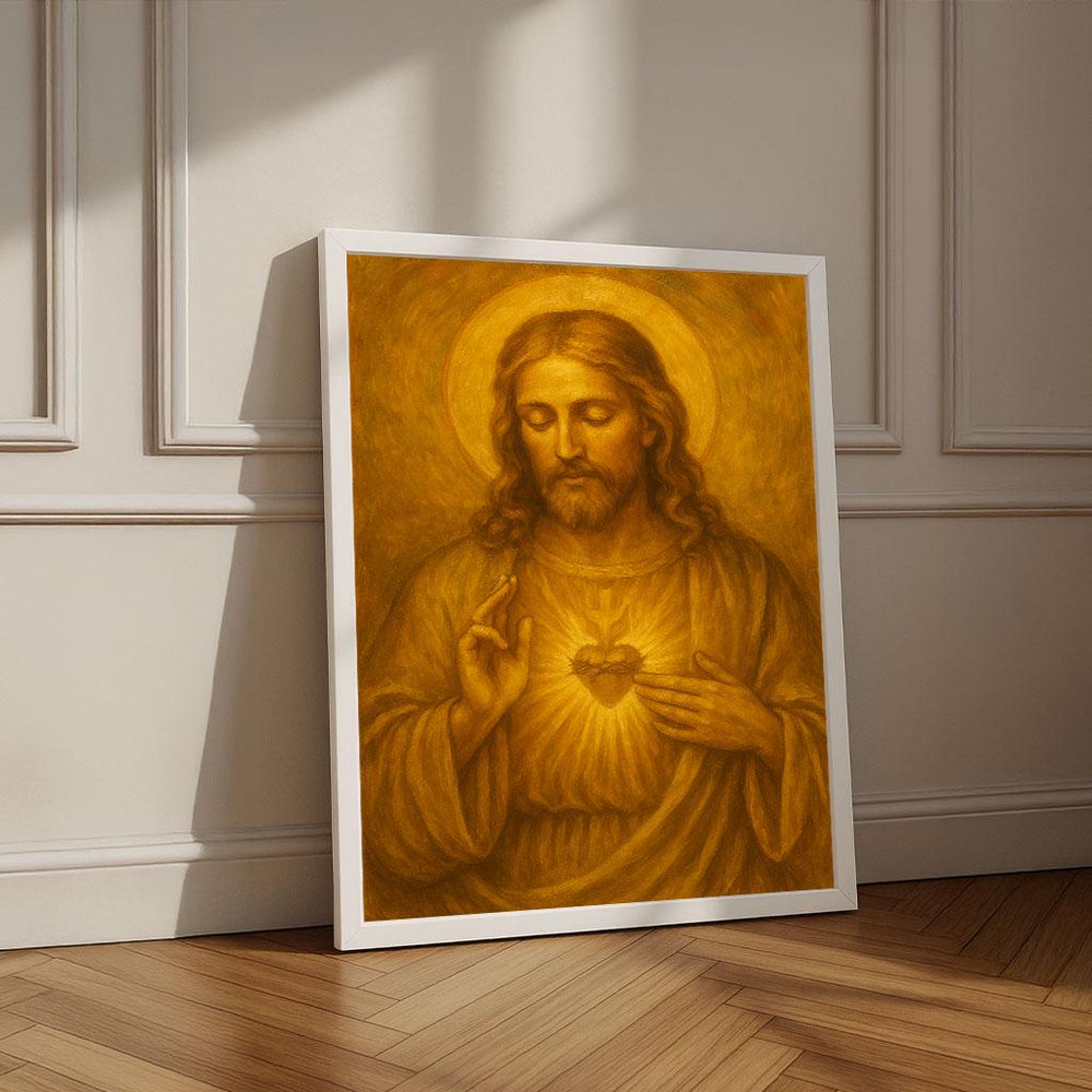 Radiant Jesus Sacred Heart Canvas Wall Art Print | Golden Living Room Decor | Statement Piece