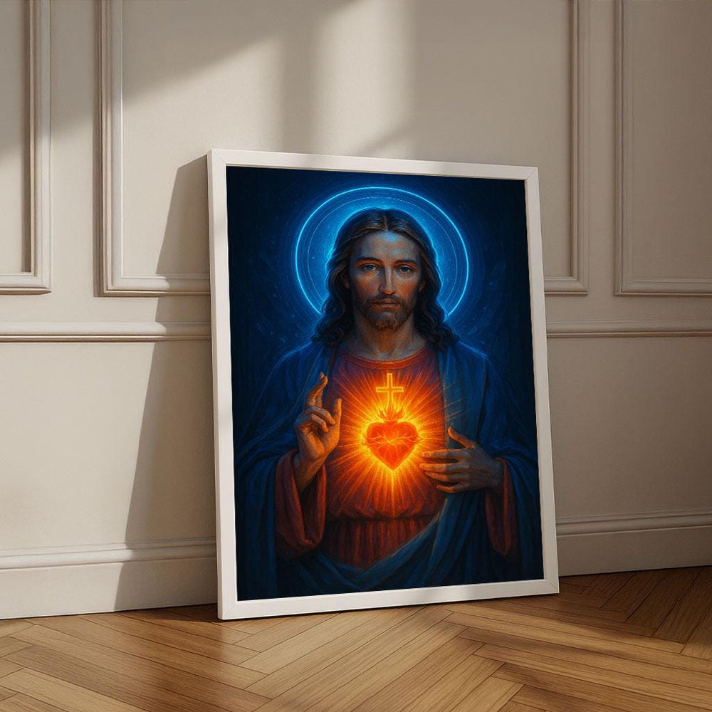 Radiant Jesus Sacred Heart Canvas Wall Art Print | Spiritual Living Room Decor | Statement Piece