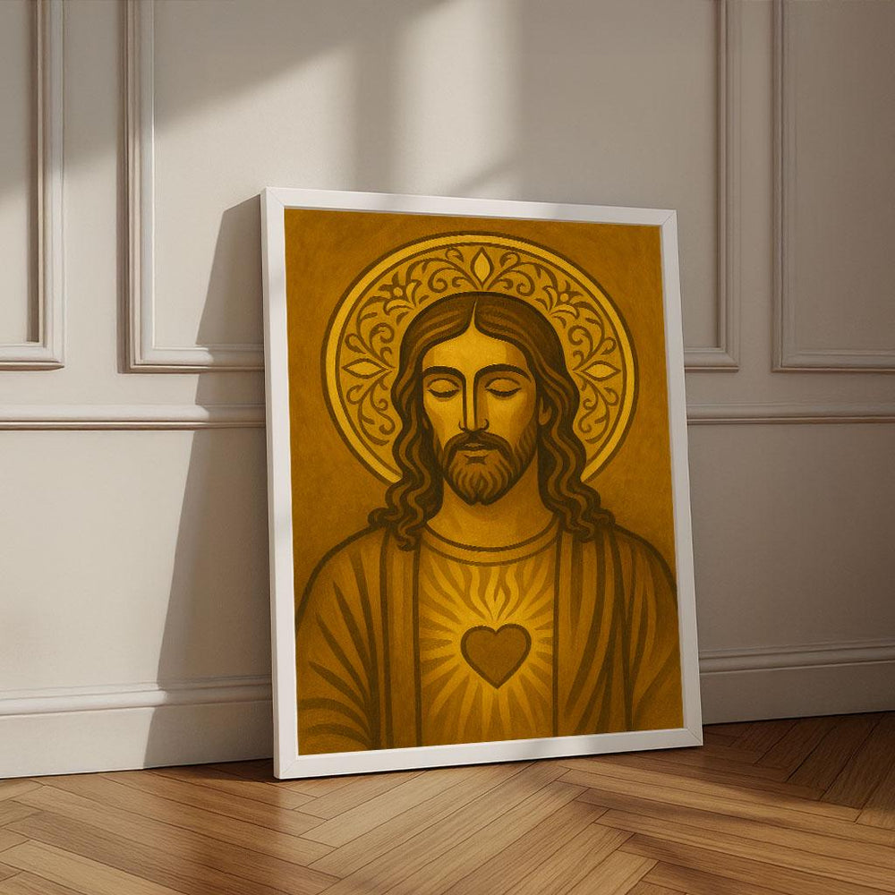 Radiant Jesus Sacred Heart Canvas Wall Art Print | Golden Living Room Decor | Statement Piece