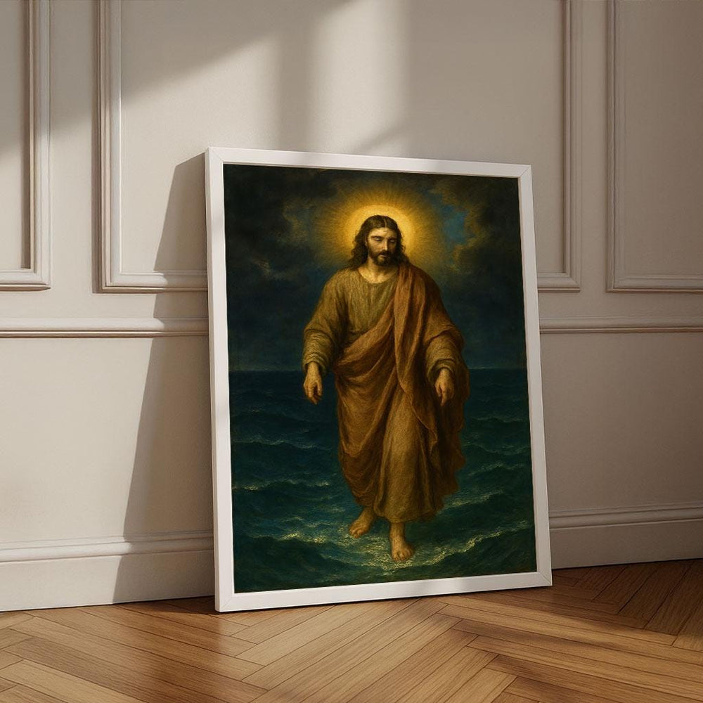 Radiant Jesus on Sacred Waters Canvas Wall Art | Spiritual Living Room Decor | Statement Piece