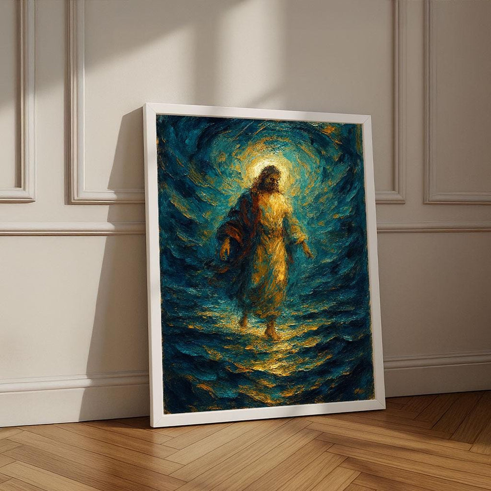 Radiant Jesus Walking on Water Canvas Wall Art | Spiritual Living Room Decor | Statement Piece