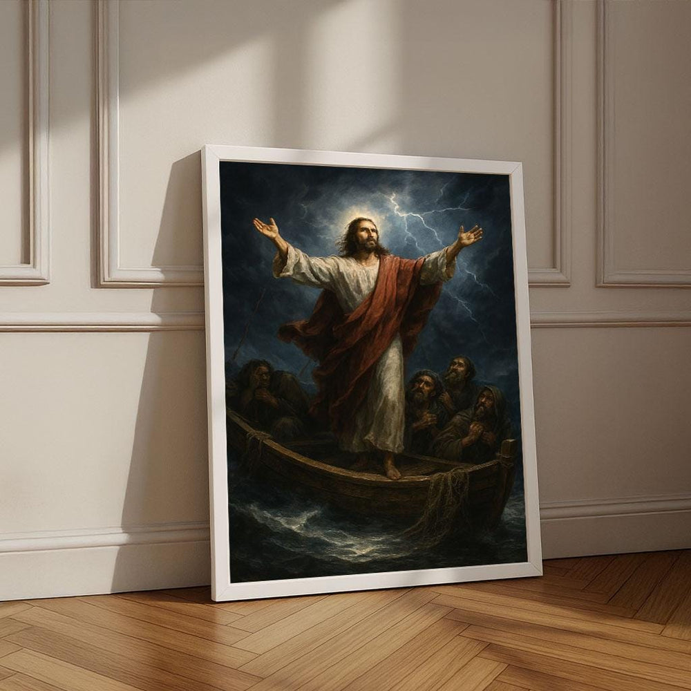 Radiant Jesus Calming the Storm Canvas Wall Art Print | Inspirational Living Room Decor | Statement Piece