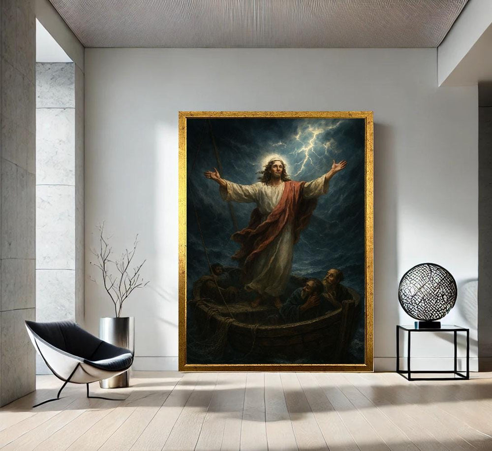 Radiant Jesus Calming the Storm Canvas Wall Art Print | Spiritual Living Room Decor | Statement Piece