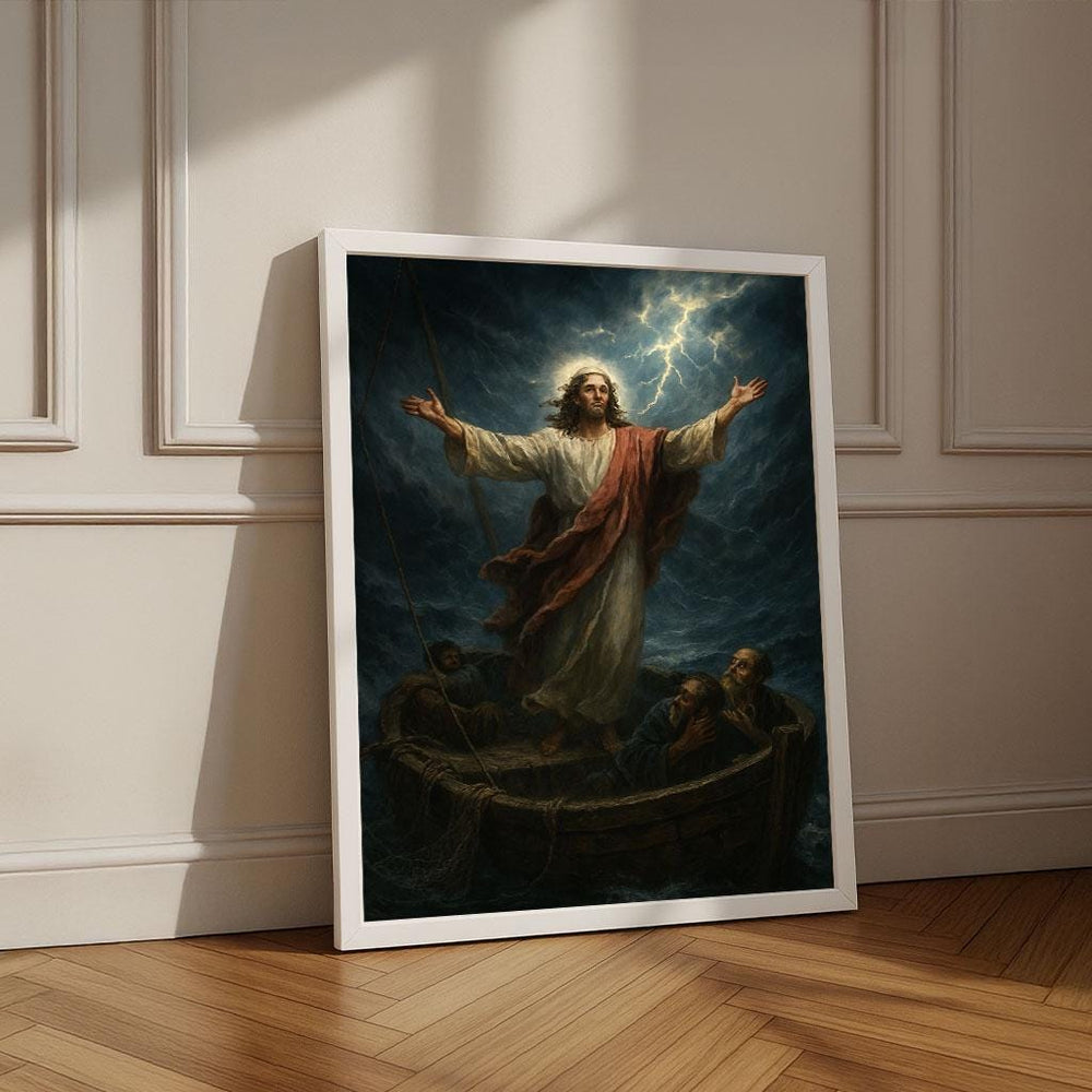 Radiant Jesus Calming the Storm Canvas Wall Art Print | Spiritual Living Room Decor | Statement Piece