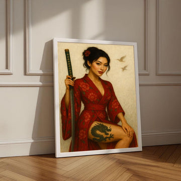 Image 1 of Elegant Samurai Woman Canvas Wall Art Print | Modern Red Tones Living Room Decor | Statement Piece