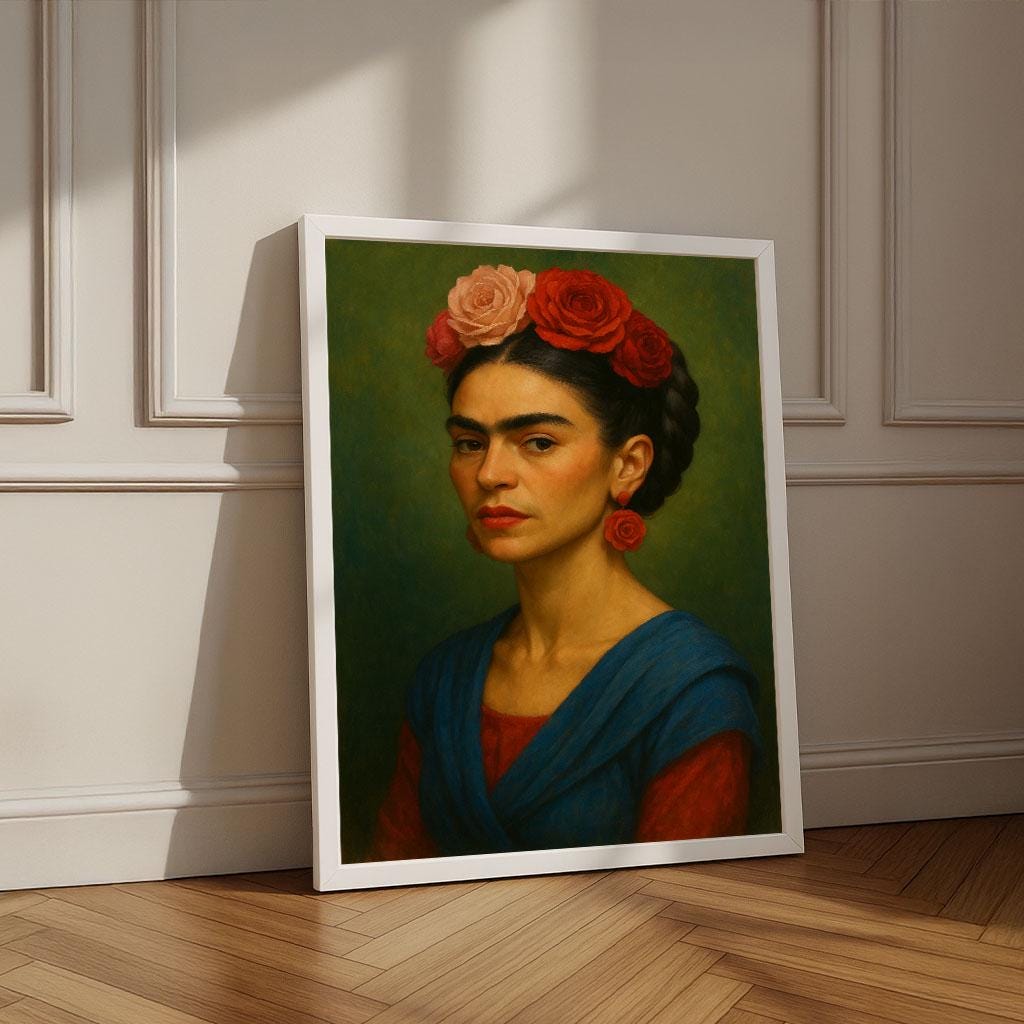 Image 1 of Vibrant Frida Kahlo Portrait Canvas Wall Art Print | Bold Bedroom Wall Decor | Luxury Gift