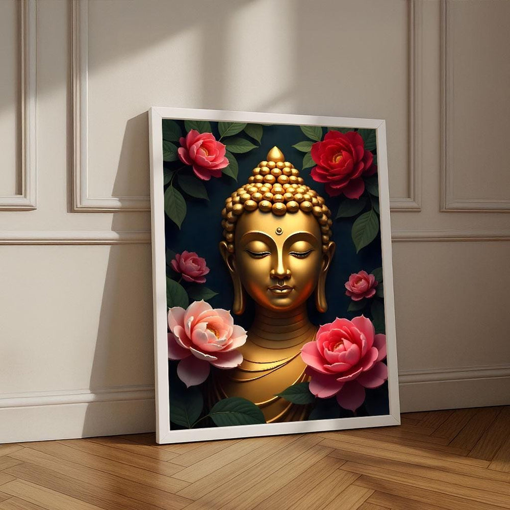 Serene Buddha with Roses Canvas Print | Gold Accent Decor