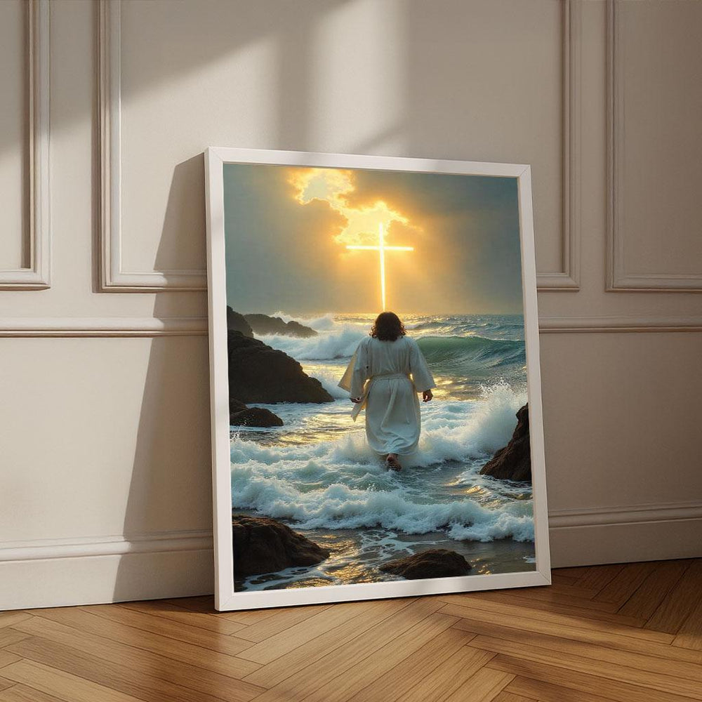 Radiant Jesus Walking on Water Canvas Print | Coastal Christian Art