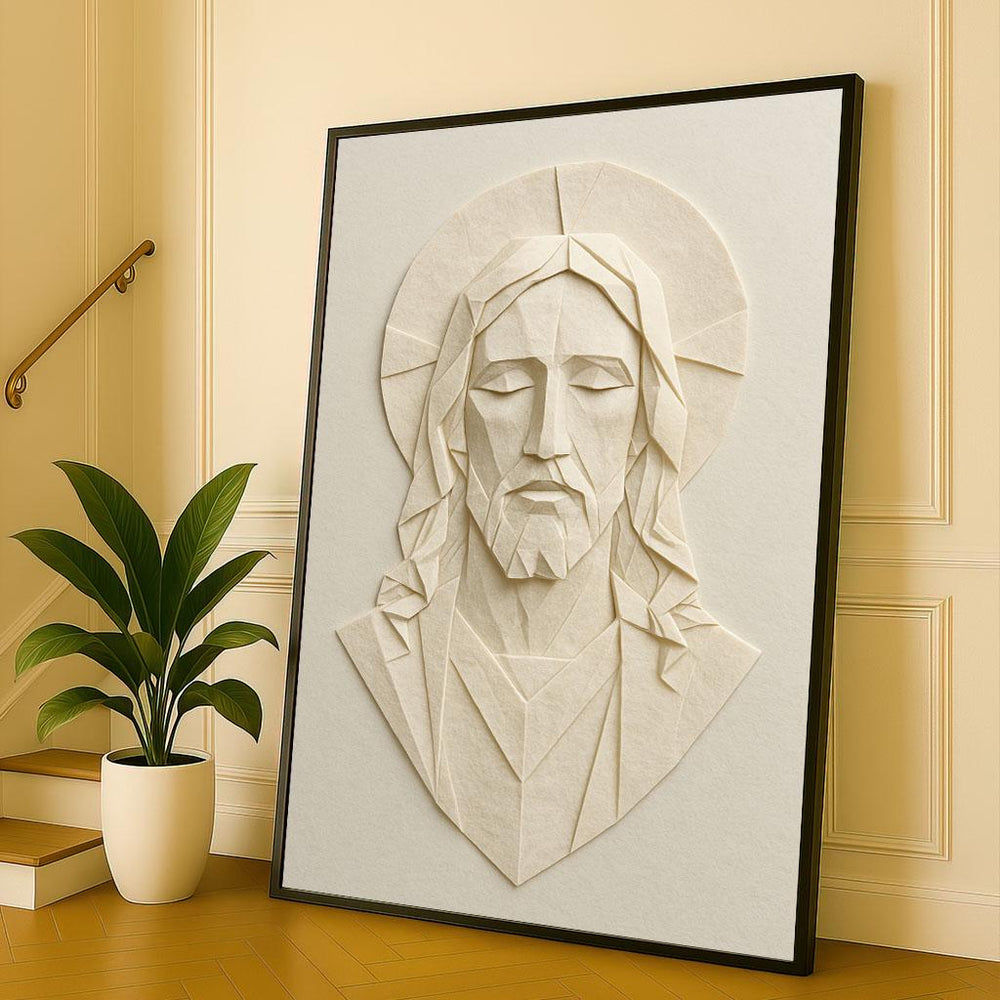 Sacred Jesus Origami Style Canvas Wall Art Print  Minimalist Living Room Decor  Statement Piece