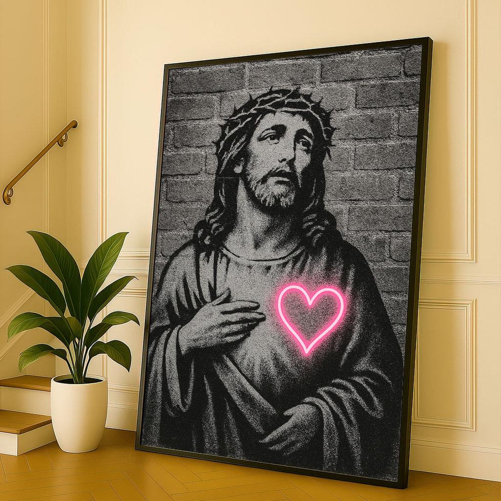 Radiant Jesus Canvas Print, Neon Heart – Modern Wall Art
