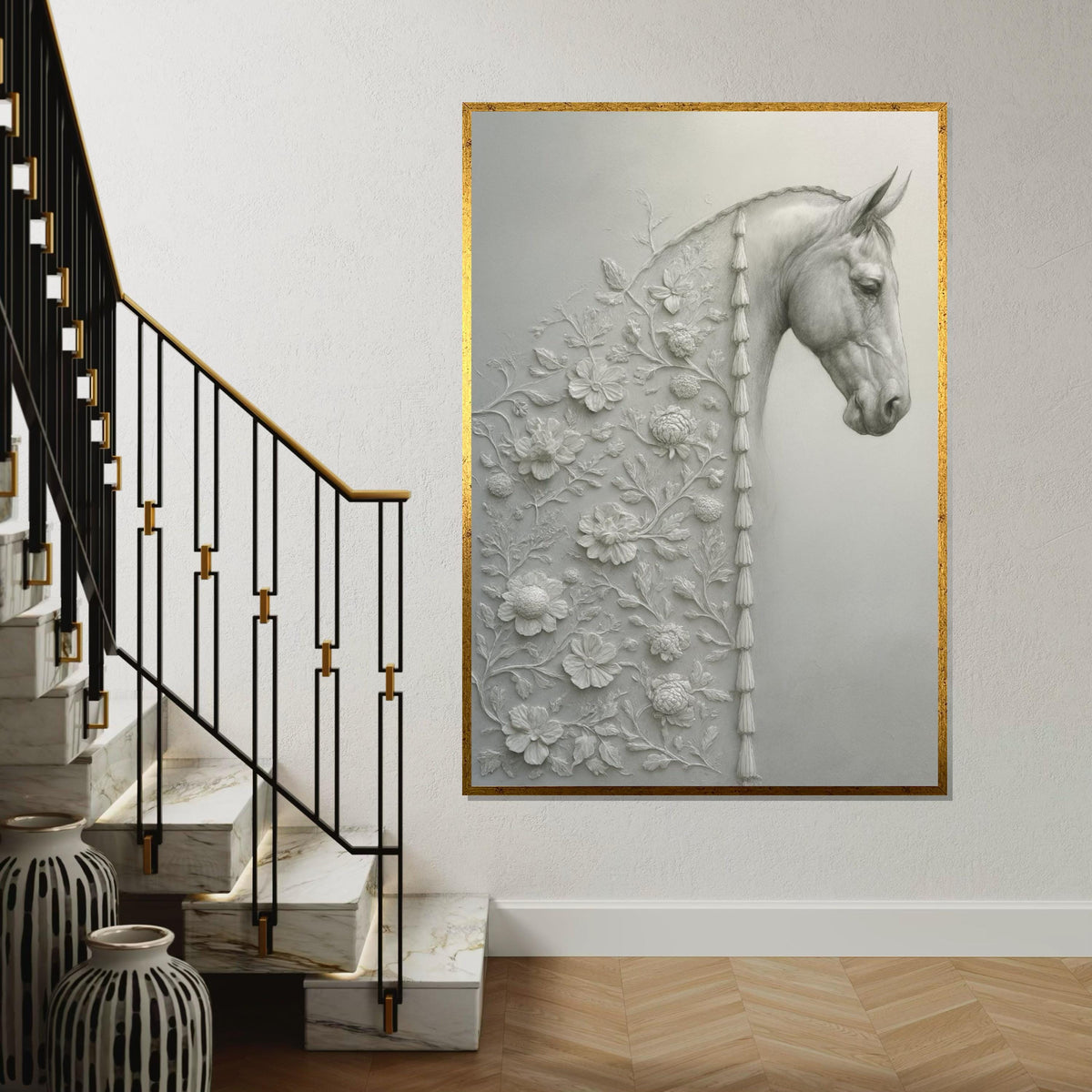 Print Canvas,Elegant Floral Horse Canvas,Floral Horse Art,Equine Wall Decor,Wall Art Canvas Design, Ready To Hang Decoration, Animal Art