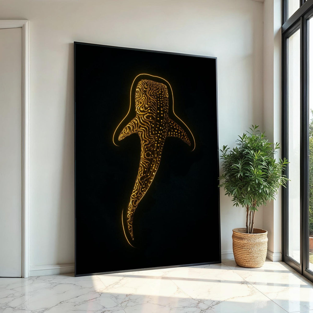 Glowing Whale Shark Canvas, Abstract Ocean Art, Marine Life Wall Print,Wall Art Canvas Design,Illuminated Ready To Hang Decoration, Gift Art