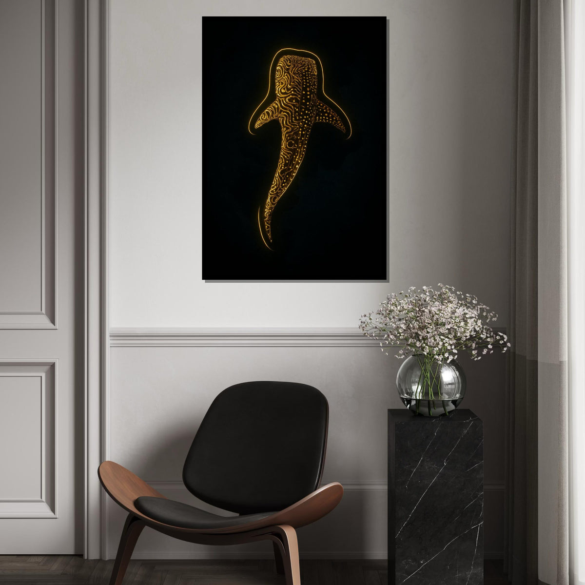 Glowing Whale Shark Canvas, Abstract Ocean Art, Marine Life Wall Print,Wall Art Canvas Design,Illuminated Ready To Hang Decoration, Gift Art