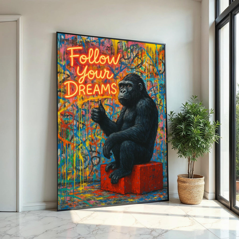 Gorilla Dreams Canvas, Inspirational Gorilla Art, Follow Your Dreams Poster, Wall Art Canvas Design, Ready to Hang Decoration, Gift Art