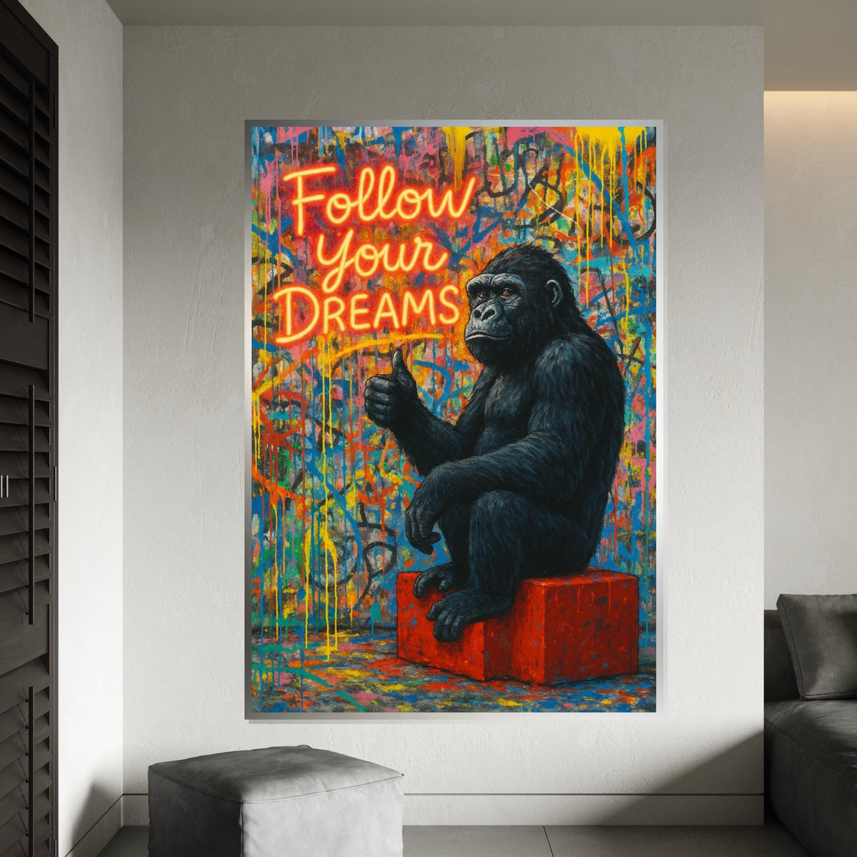 Gorilla Dreams Canvas, Inspirational Gorilla Art, Follow Your Dreams Poster, Wall Art Canvas Design, Ready to Hang Decoration, Gift Art