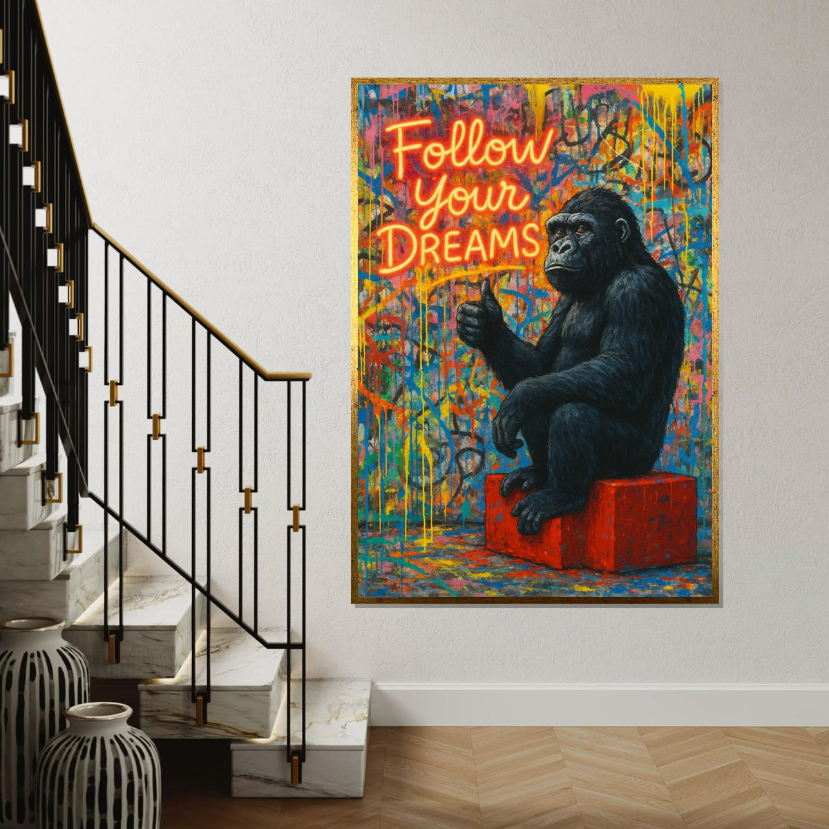 Gorilla Dreams Canvas, Inspirational Gorilla Art, Follow Your Dreams Poster, Wall Art Canvas Design, Ready to Hang Decoration, Gift Art