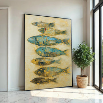 Abstract Fish Canvas, Blue and Gold Fish Art, Nautical Wall Decor, Fish Poster, Wall Art Canvas Design, Ready to Hang Decoration, Gift Art