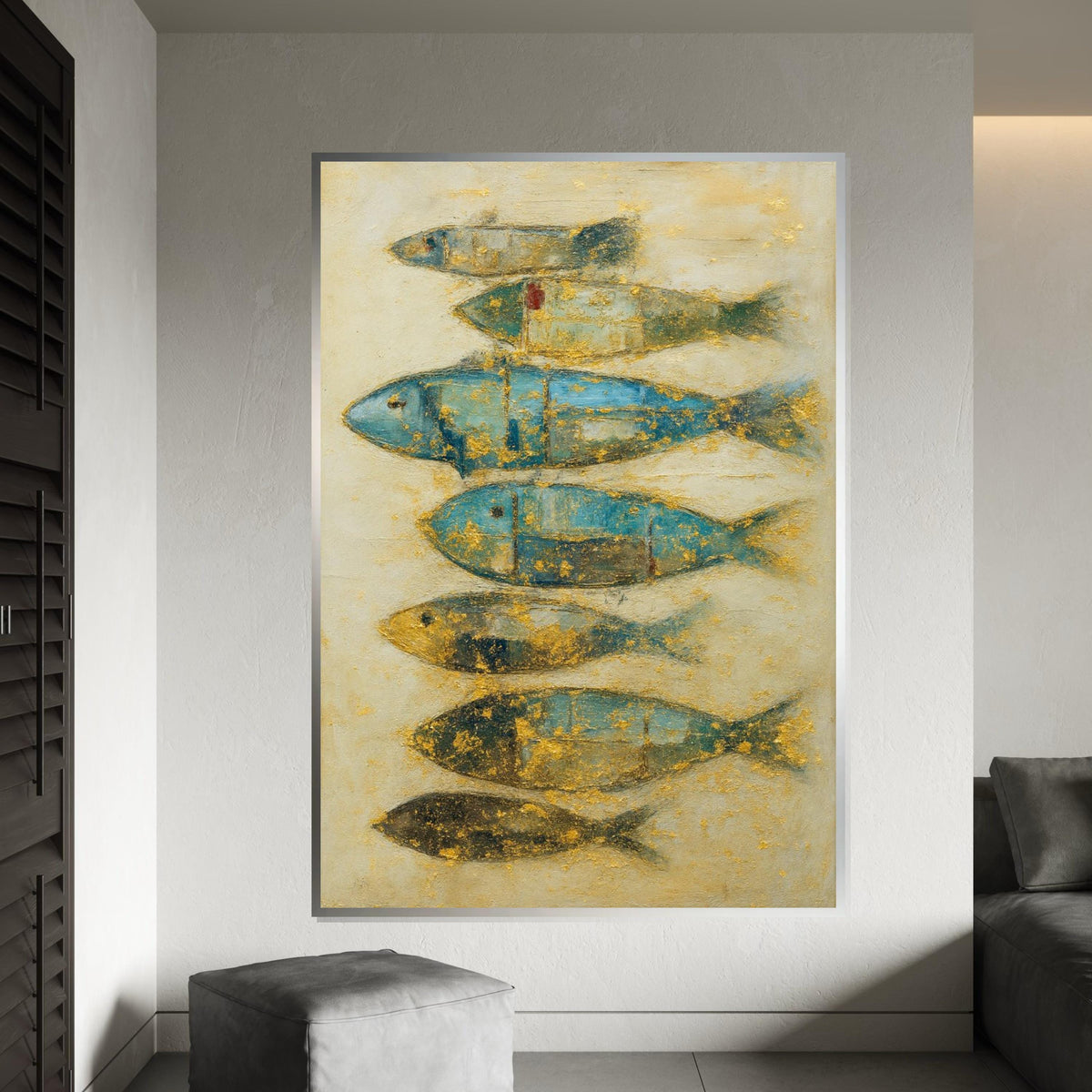 Abstract Fish Canvas, Blue and Gold Fish Art, Nautical Wall Decor, Fish Poster, Wall Art Canvas Design, Ready to Hang Decoration, Gift Art