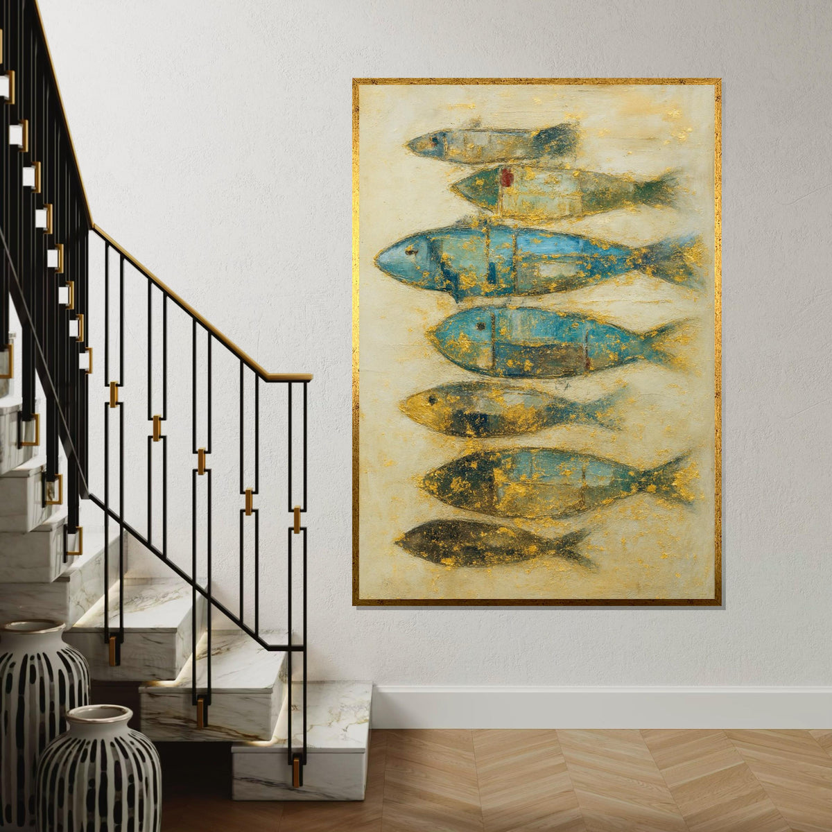 Abstract Fish Canvas, Blue and Gold Fish Art, Nautical Wall Decor, Fish Poster, Wall Art Canvas Design, Ready to Hang Decoration, Gift Art