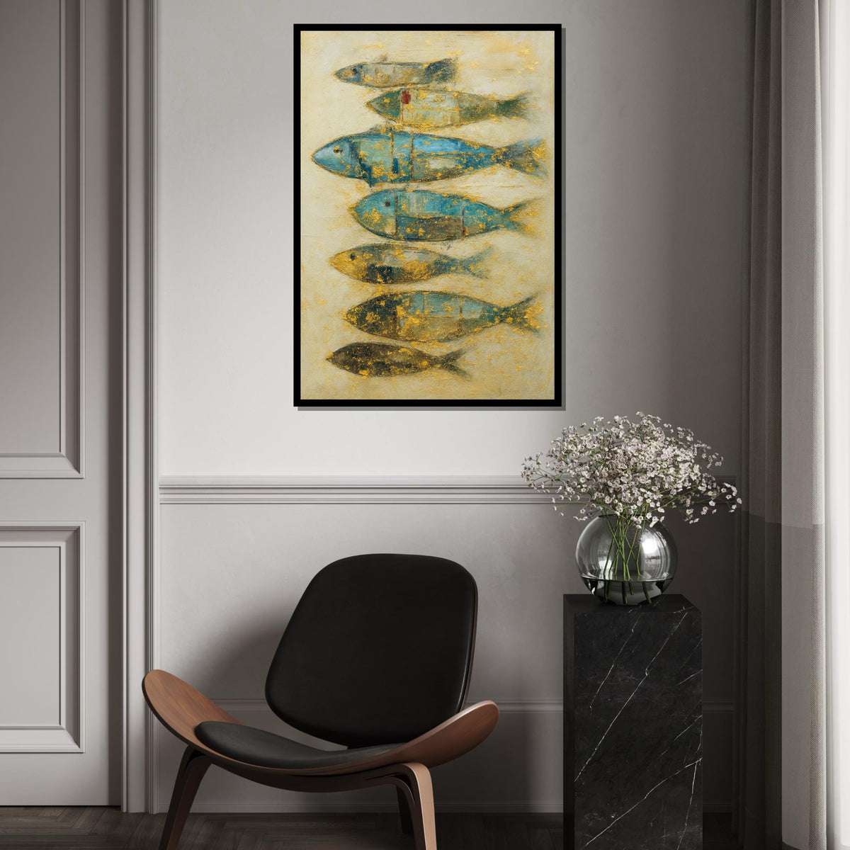 Abstract Fish Canvas, Blue and Gold Fish Art, Nautical Wall Decor, Fish Poster, Wall Art Canvas Design, Ready to Hang Decoration, Gift Art