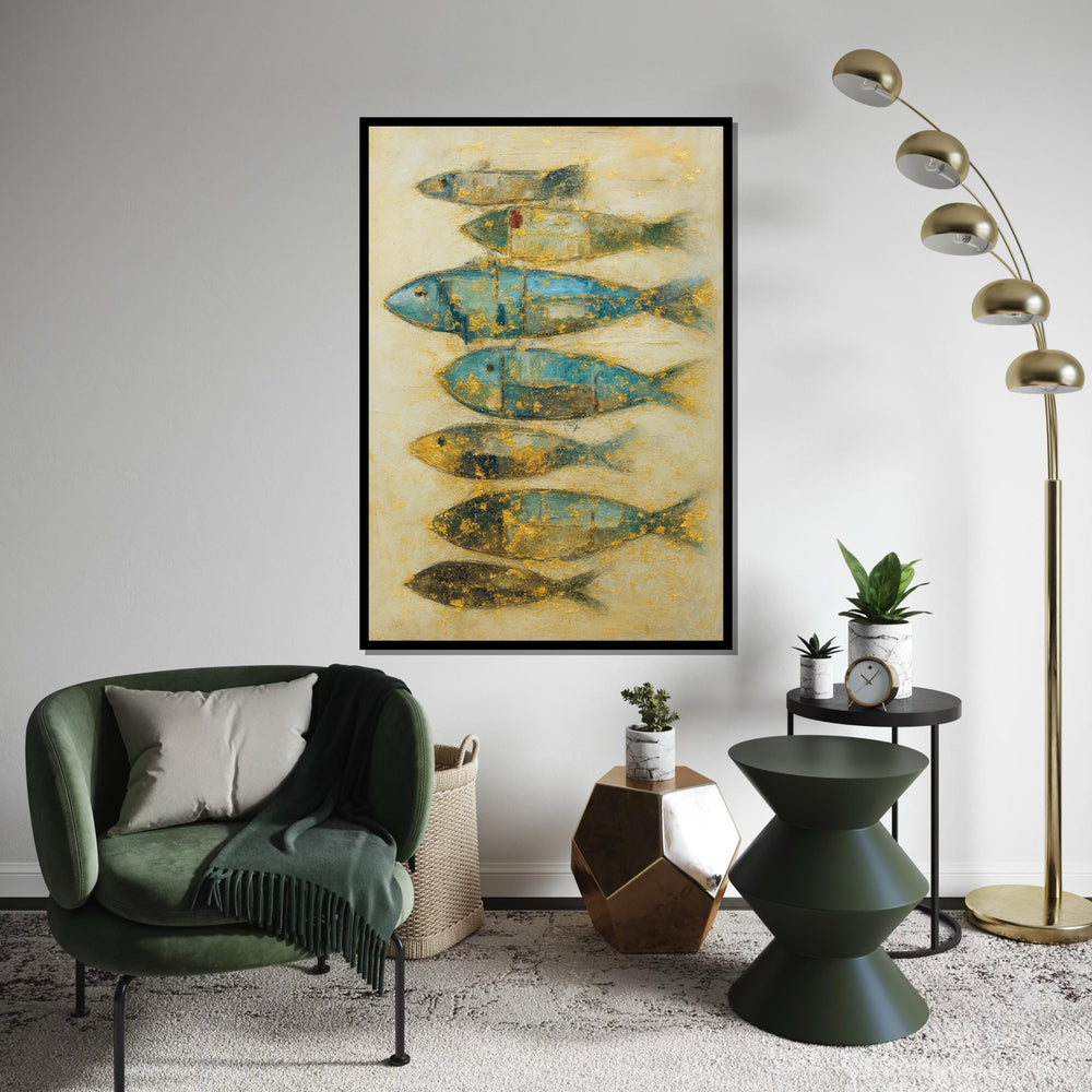 Abstract Fish Canvas, Blue and Gold Fish Art, Nautical Wall Decor, Fish Poster, Wall Art Canvas Design, Ready to Hang Decoration, Gift Art