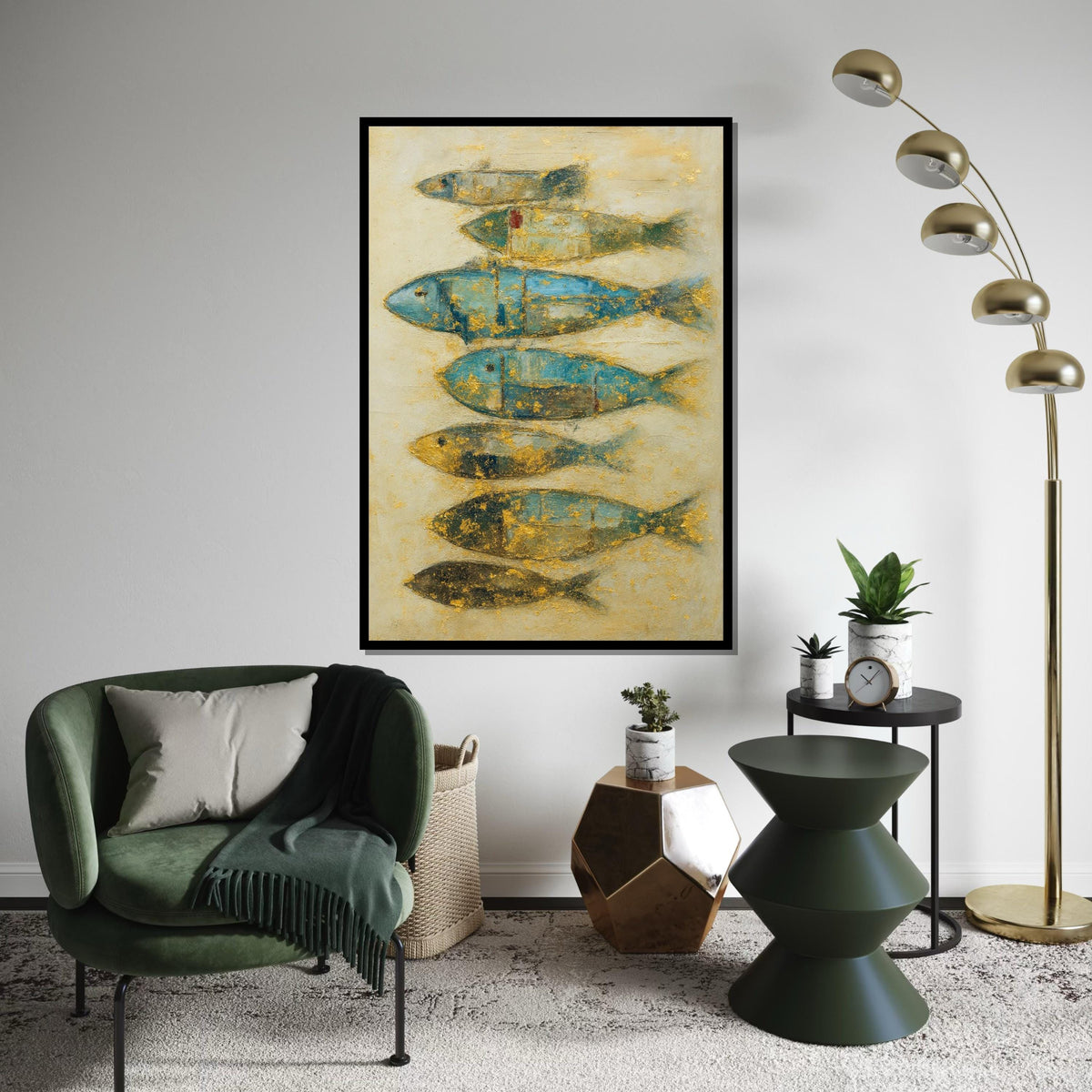 Abstract Fish Canvas, Blue and Gold Fish Art, Nautical Wall Decor, Fish Poster, Wall Art Canvas Design, Ready to Hang Decoration, Gift Art