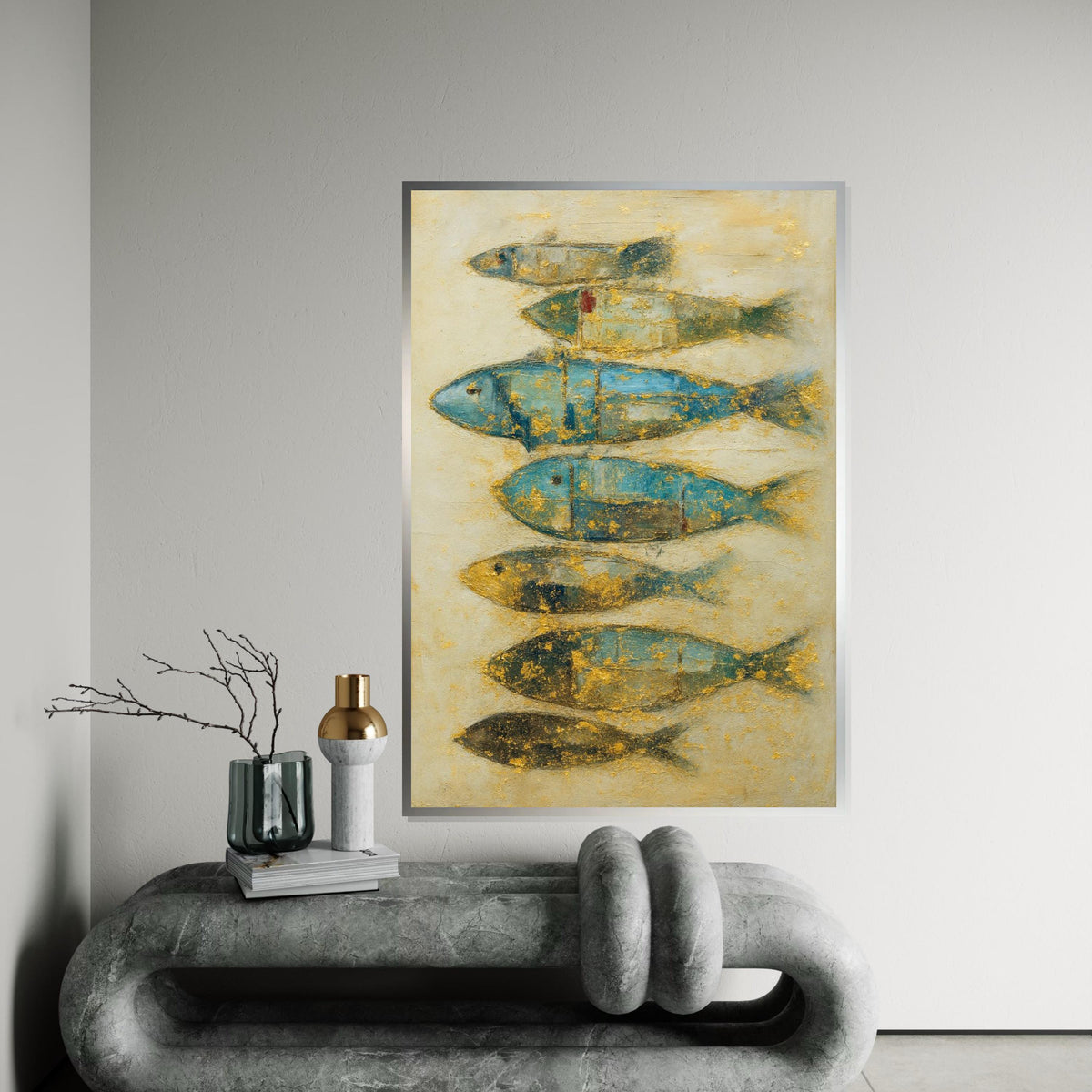Abstract Fish Canvas, Blue and Gold Fish Art, Nautical Wall Decor, Fish Poster, Wall Art Canvas Design, Ready to Hang Decoration, Gift Art