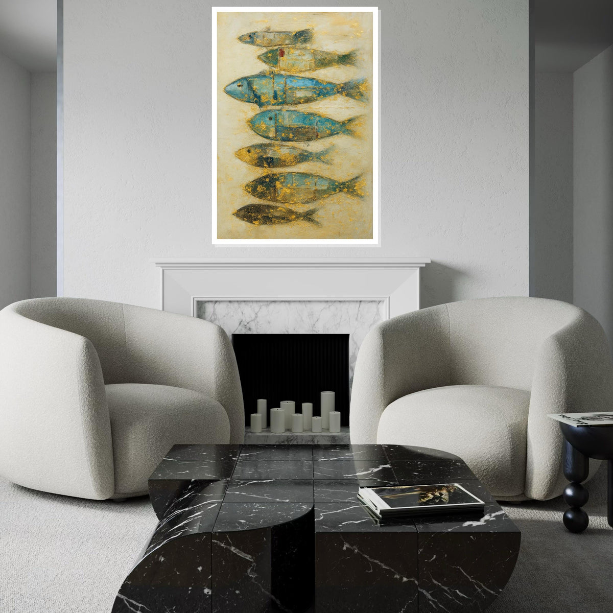 Abstract Fish Canvas, Blue and Gold Fish Art, Nautical Wall Decor, Fish Poster, Wall Art Canvas Design, Ready to Hang Decoration, Gift Art