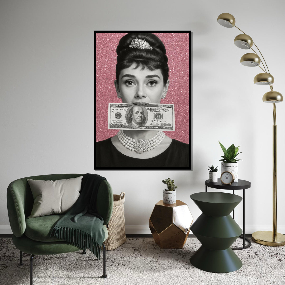 Audrey Hepburn Dollar Bill Canvas, Retro Hollywood Wall Art, Black and White Portrait, Vintage Chic Decoration, Sparkly Wall Art
