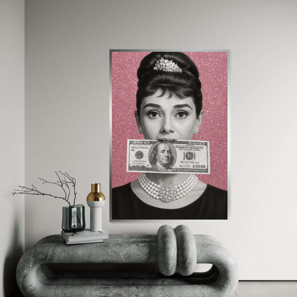 Audrey Hepburn Dollar Bill Canvas, Retro Hollywood Wall Art, Black and White Portrait, Vintage Chic Decoration, Sparkly Wall Art