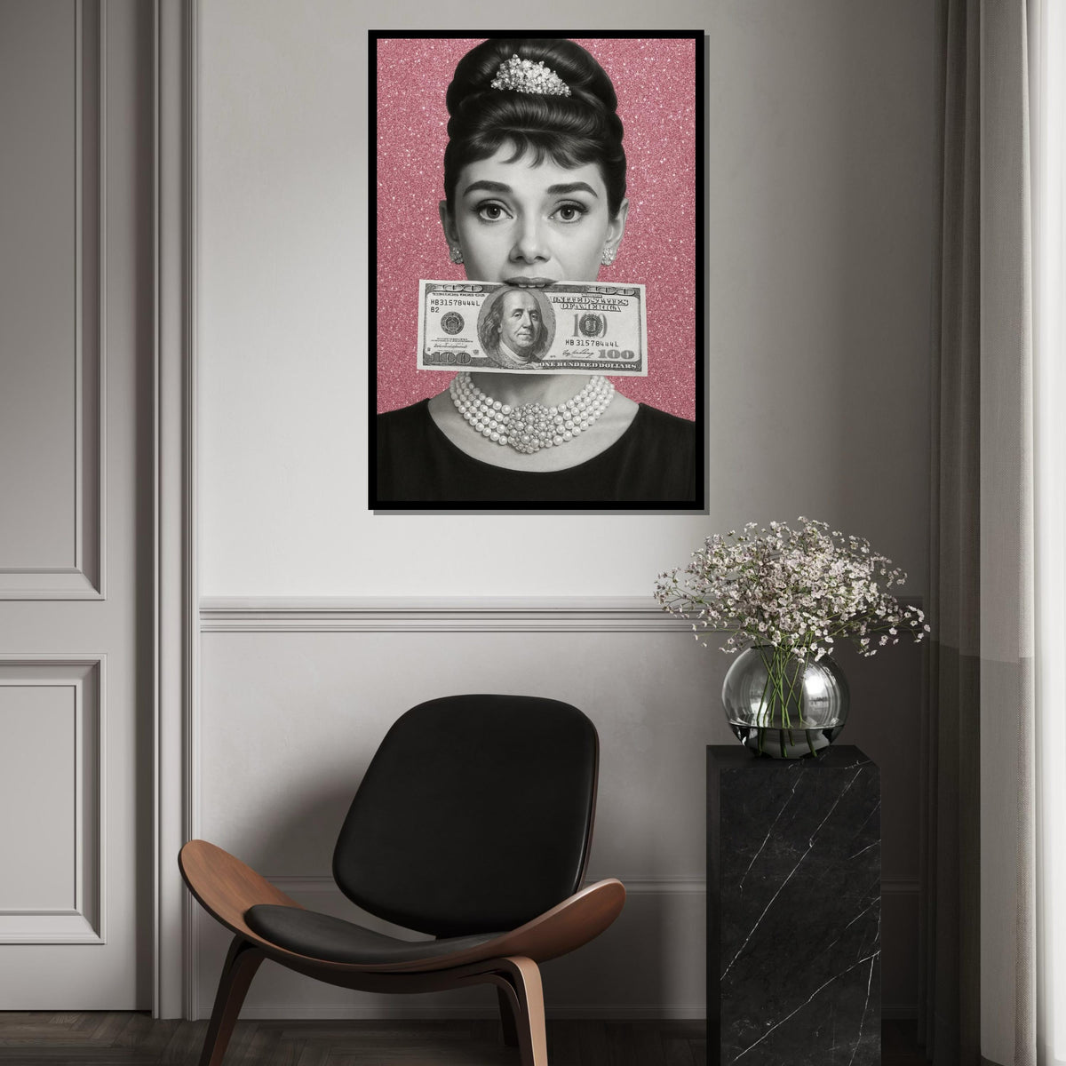 Audrey Hepburn Dollar Bill Canvas, Retro Hollywood Wall Art, Black and White Portrait, Vintage Chic Decoration, Sparkly Wall Art
