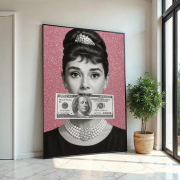 Audrey Hepburn Dollar Bill Canvas, Retro Hollywood Wall Art, Black and White Portrait, Vintage Chic Decoration, Sparkly Wall Art