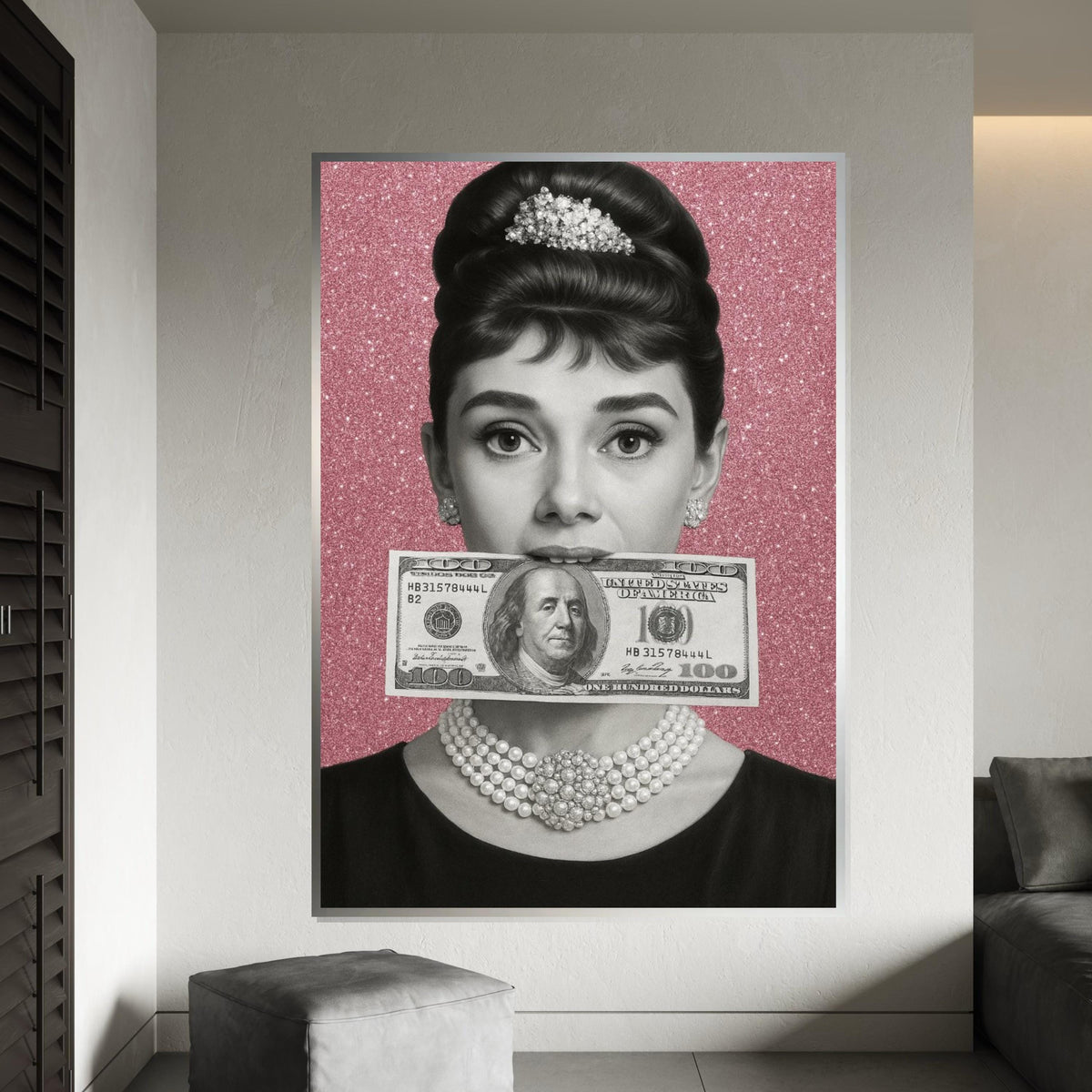 Audrey Hepburn Dollar Bill Canvas, Retro Hollywood Wall Art, Black and White Portrait, Vintage Chic Decoration, Sparkly Wall Art
