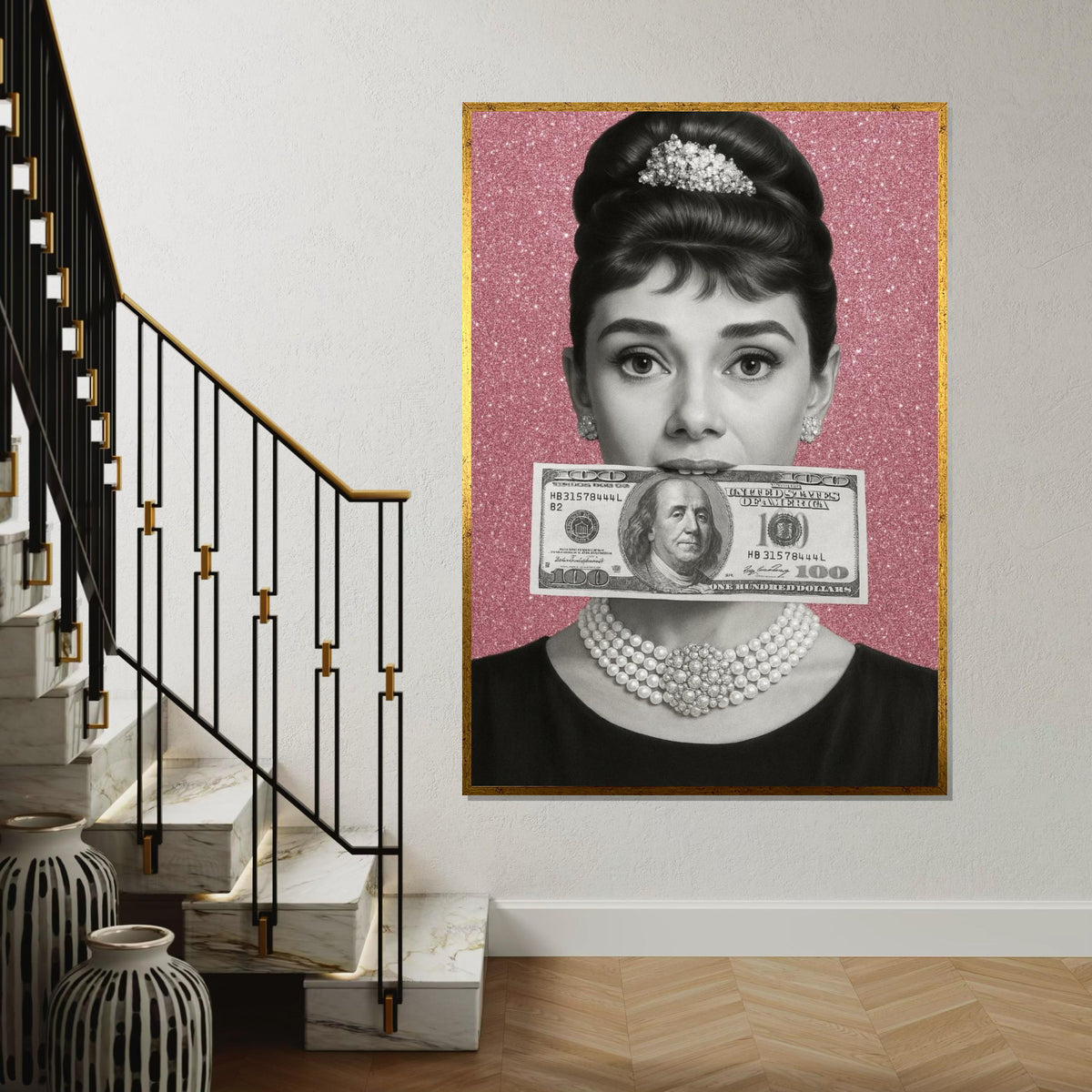 Audrey Hepburn Dollar Bill Canvas, Retro Hollywood Wall Art, Black and White Portrait, Vintage Chic Decoration, Sparkly Wall Art
