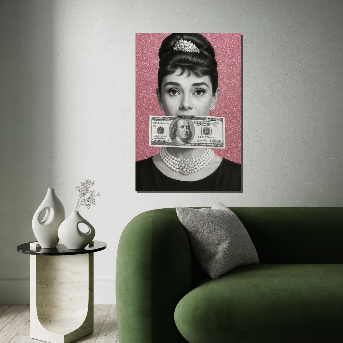 Audrey Hepburn Dollar Bill Canvas, Retro Hollywood Wall Art, Black and White Portrait, Vintage Chic Decoration, Sparkly Wall Art